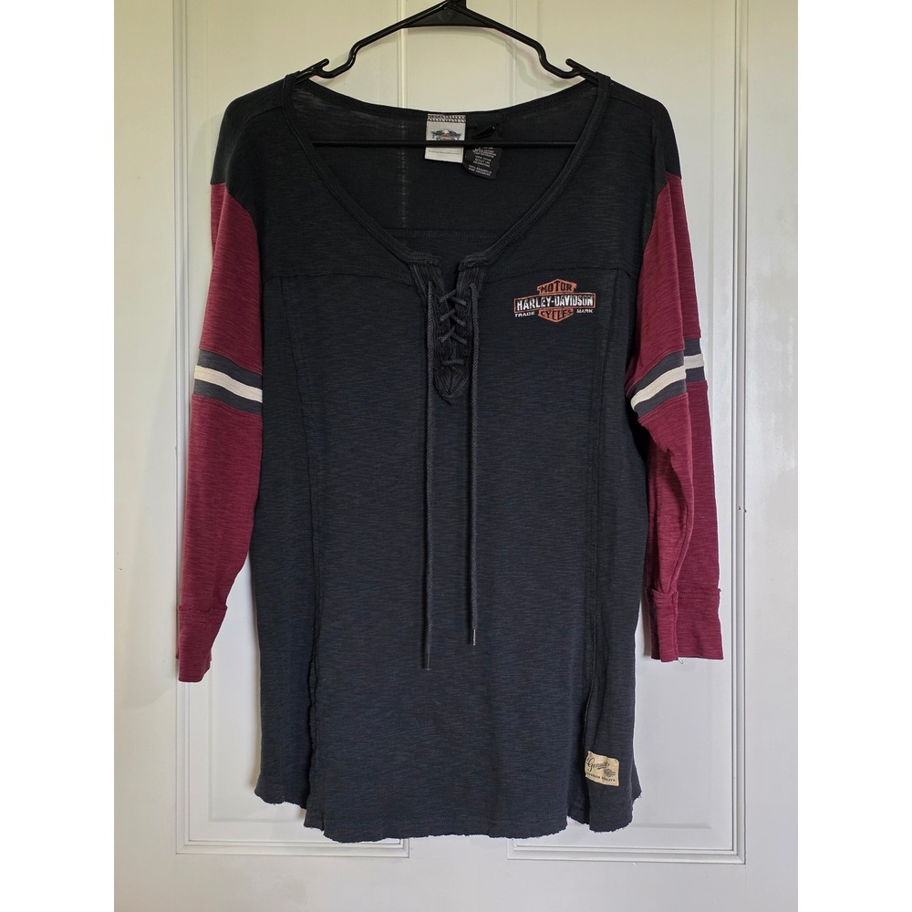 Harley-Davidson Vintage Lace Up Long Sleeve Top Grey Burgundy XL Grunge Y2K